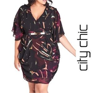 City Chic Black Brown Love Affair Drape Dress Plus Size XL/22 Belted Gold